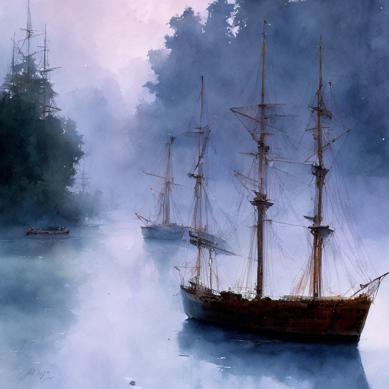 Tall-masted sailing ships in misty blue watercolor