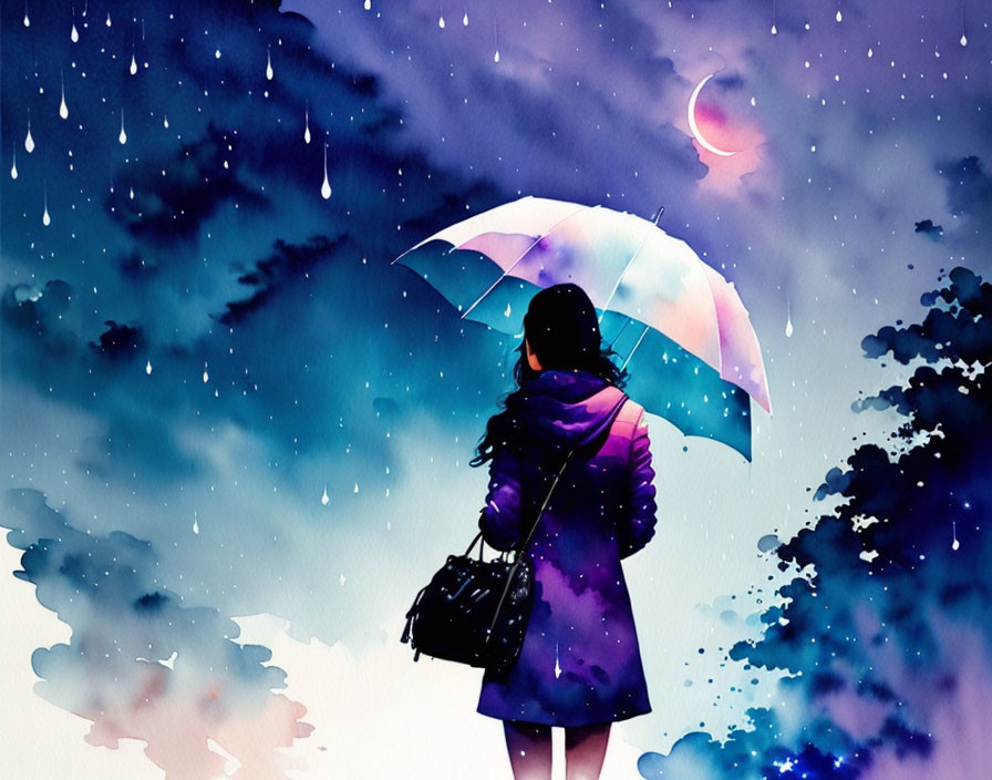 Woman with umbrella under crimson moon in dreamy purple atmosphere