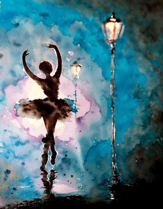 Ballerina silhouette watercolor painting with street lamps on dreamy background