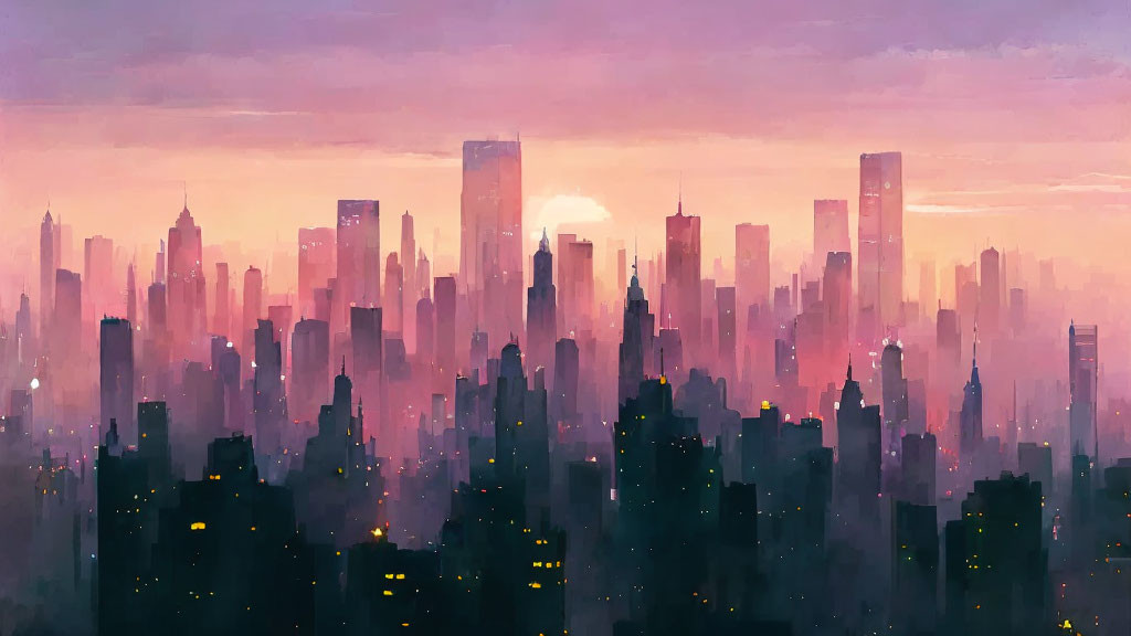 City skyline at sunrise or sunset with pink and purple hues