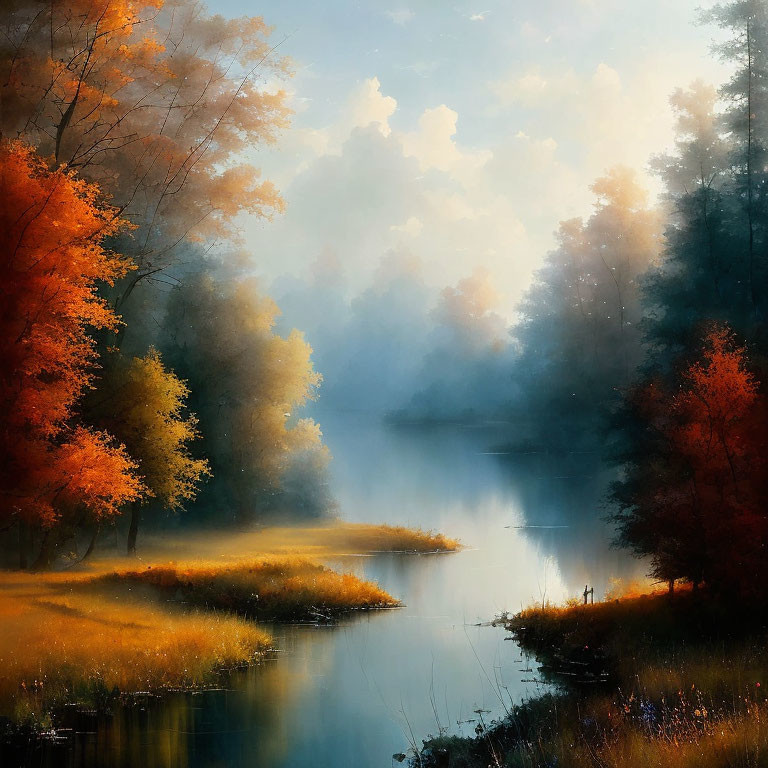 Tranquil autumn landscape with golden and red trees, water reflection, light fog, and distant figure
