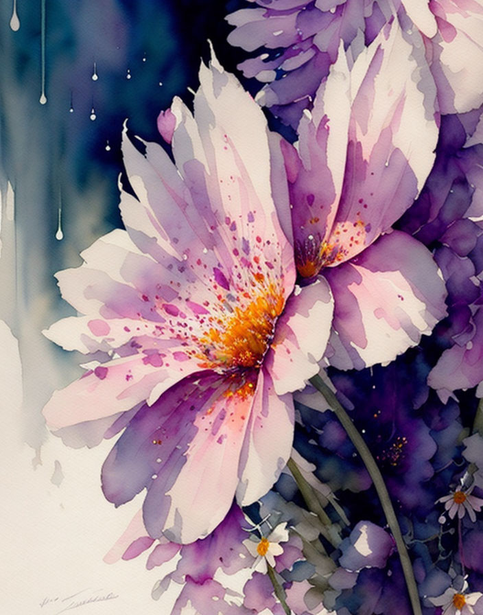 Purple and Pink Watercolor Flowers with Splattered Effect and White Highlights on Misty Background