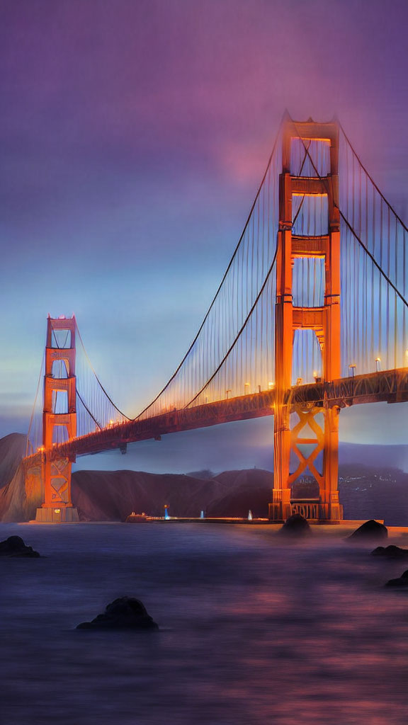 Iconic Golden Gate Bridge at dusk with soft purple skies and reflected lights