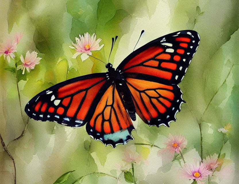 Colorful Butterfly Resting on Green Foliage with Pink Flowers