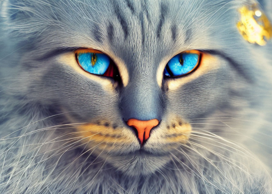 Close-up of grey cat with blue eyes and orange nose on blurred background.