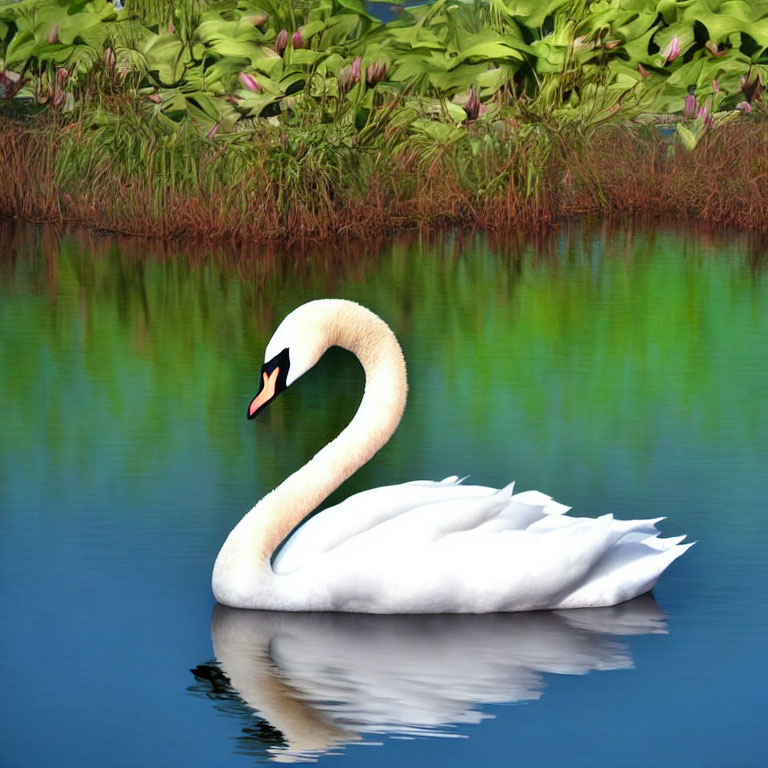 Elegant white swan on serene water with greenery and pink flowers