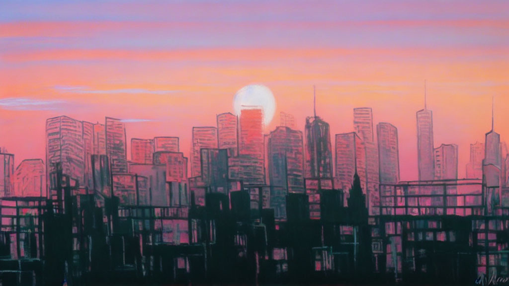 City Skyline Painting: Sunset Silhouette with Pink and Purple Sky