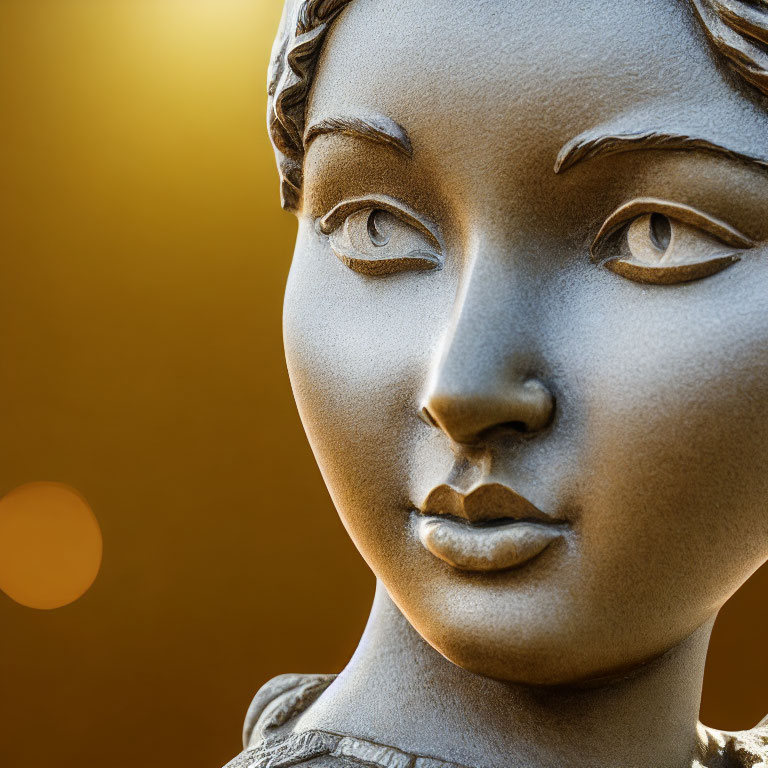 Detailed metallic statue face on warm golden background