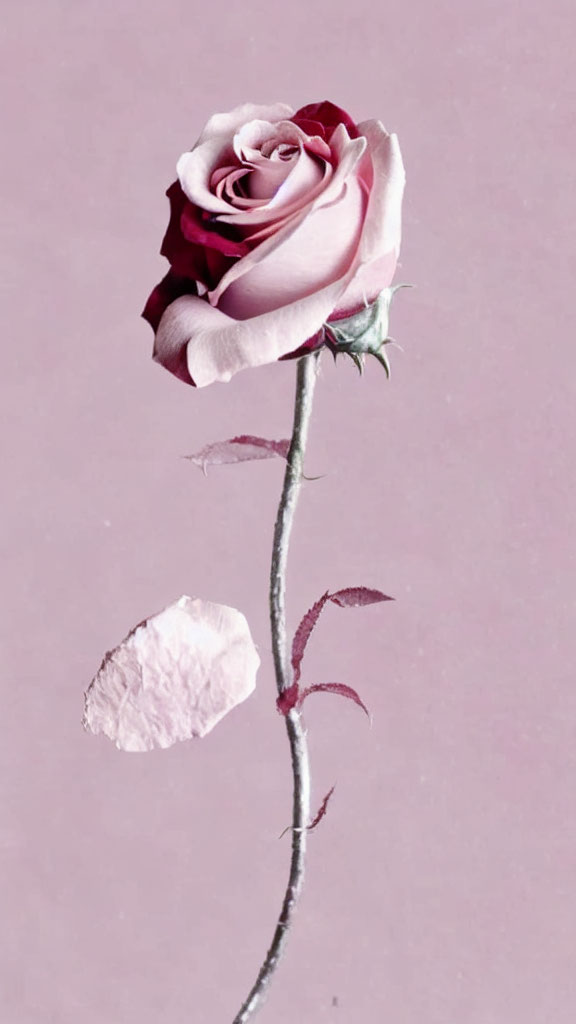 Delicate pink rose with fallen petal on soft pink background