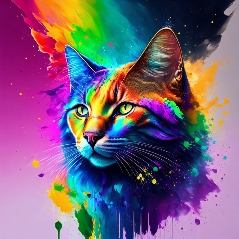 Colorful Cat Artwork with Bright Colors and Paint Splatters on Dark Background