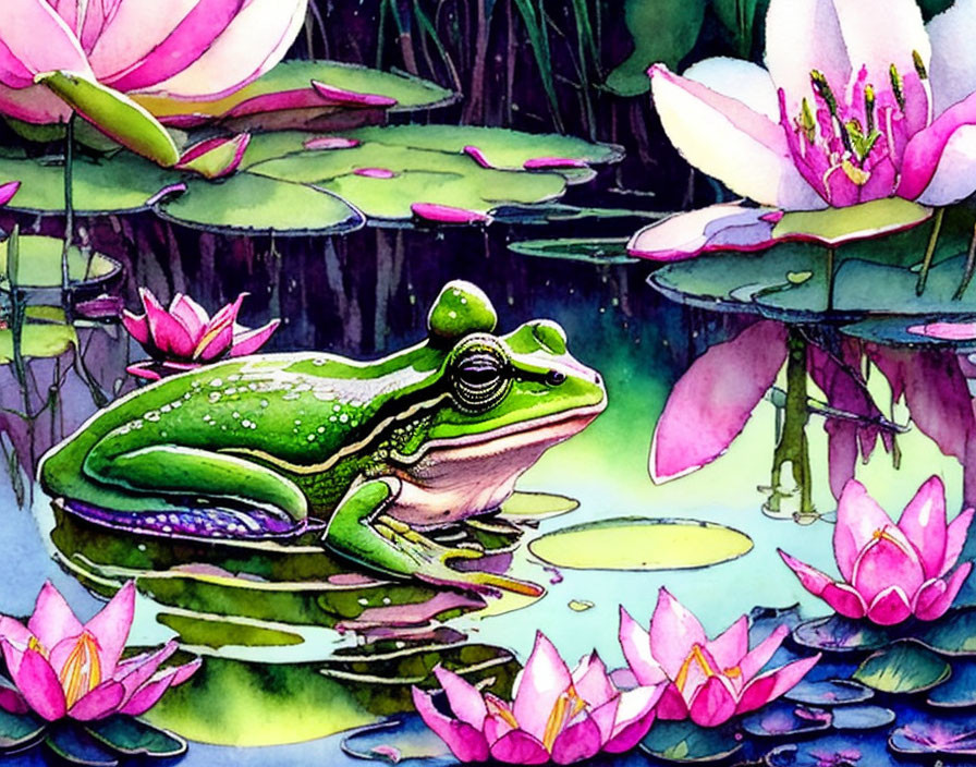 Vibrant green frog on lily pad surrounded by pink water lilies