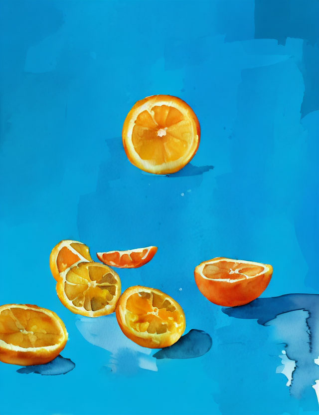 Sliced oranges in mid-air on vibrant blue background