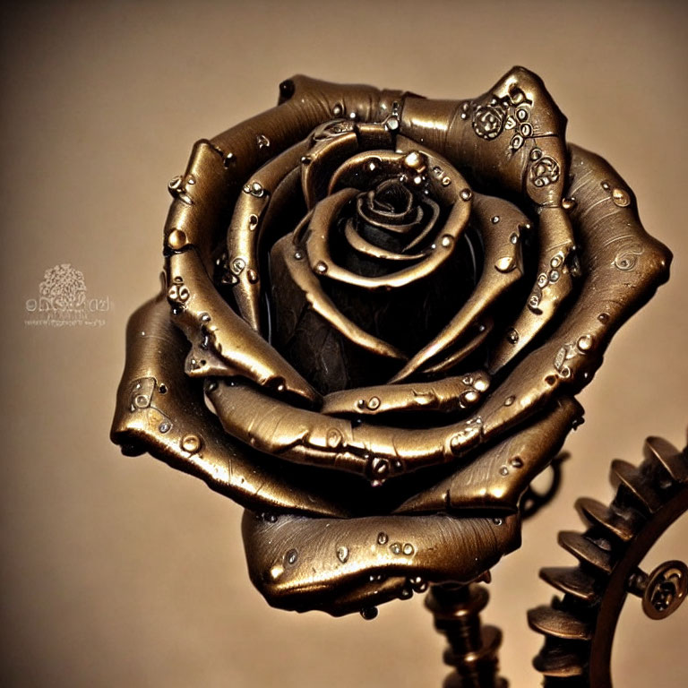 Shiny gold rose with water droplets on blurred warm background