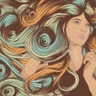 Multicolored hair woman illustration with ocean wave theme