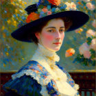 Woman in Floral Hat and Blue Dress Surrounded by Colorful Flowers