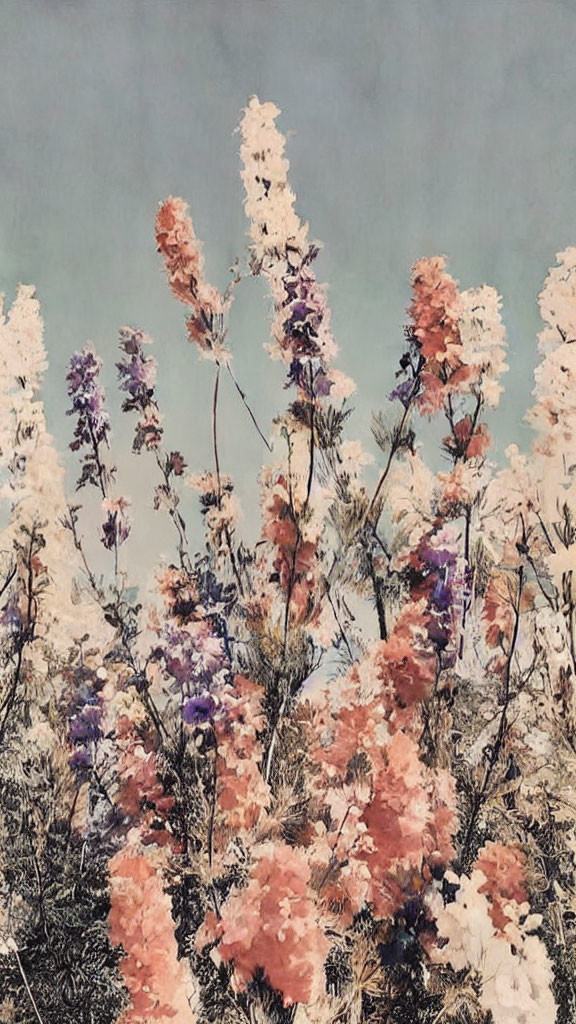 Vintage-style image of diverse flowers on pale blue sky