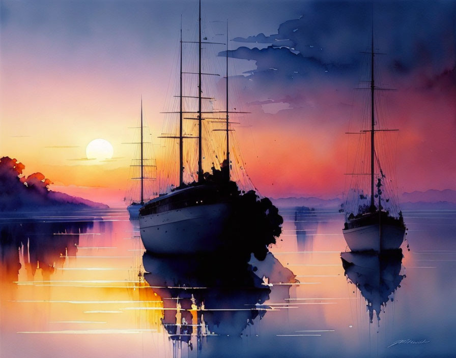 Sailboats on calm water at sunset with vibrant sky hues.