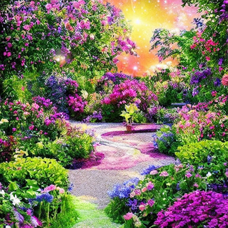 Colorful Flower Garden Path with Sparkling Light