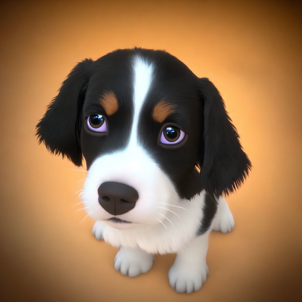 Black and white puppy illustration with big soulful eyes and brown accents