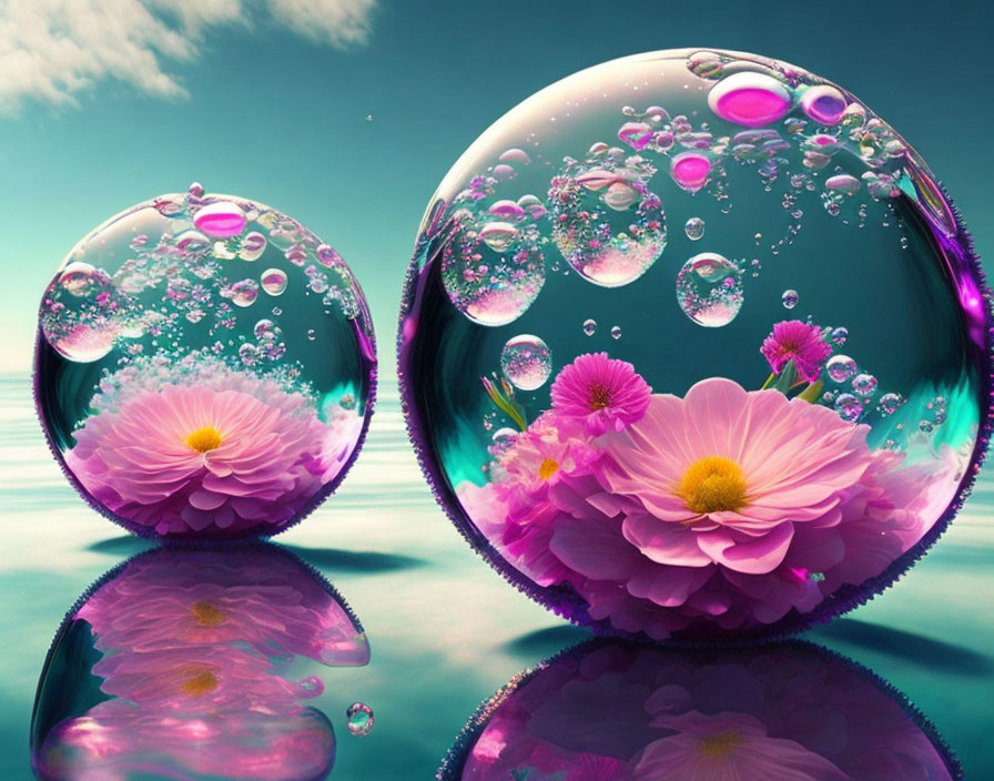 Translucent bubbles with vibrant pink flowers on reflective surface