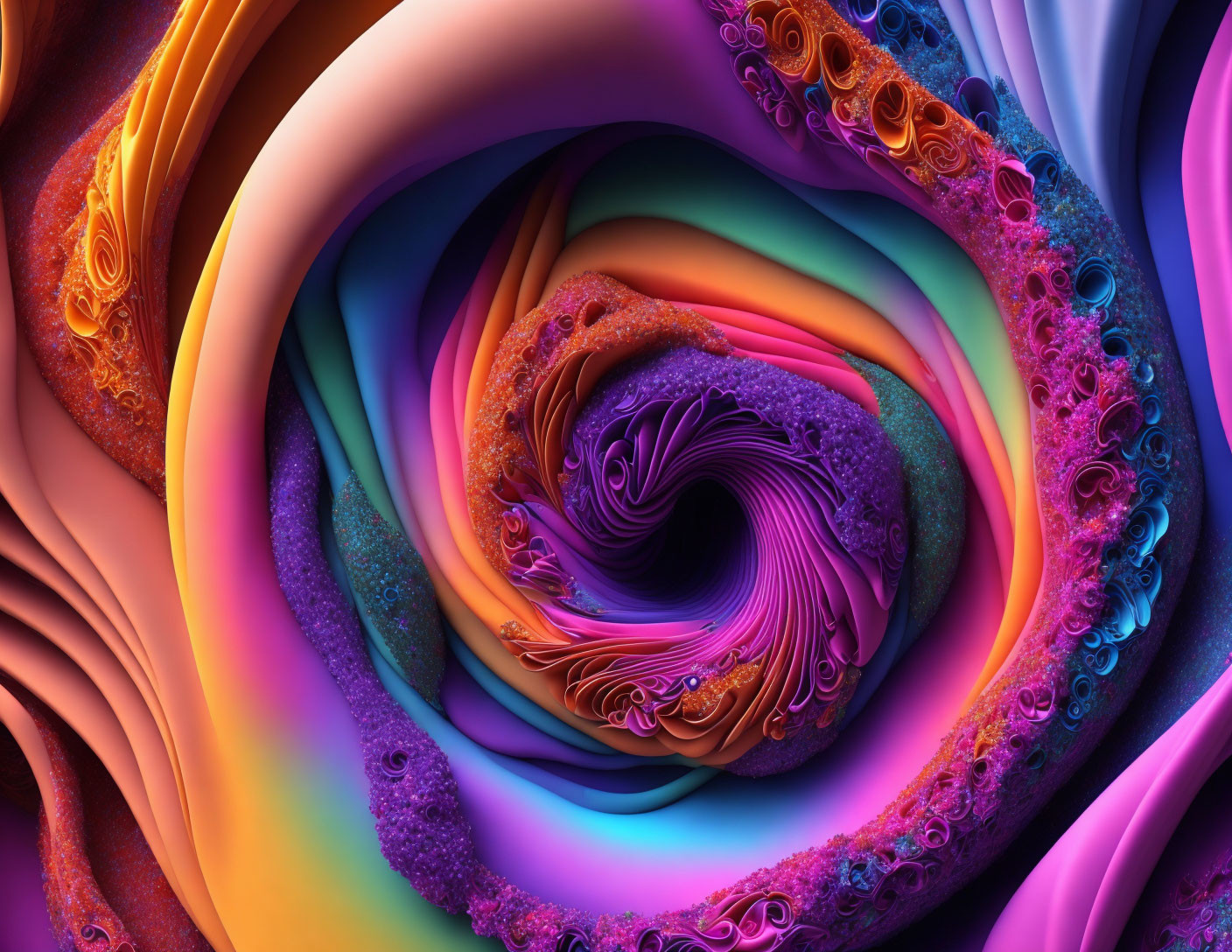 Vibrant abstract fractal art with swirling purple, orange, and blue patterns