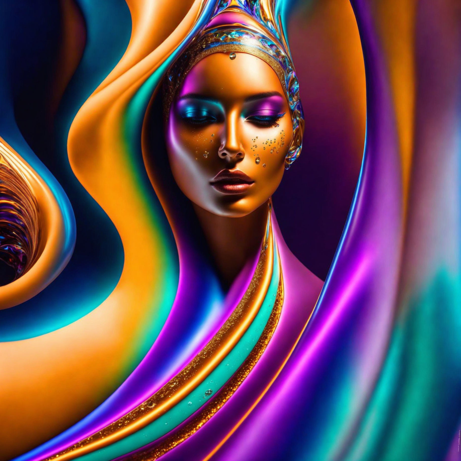 Colorful digital artwork featuring woman with exotic makeup