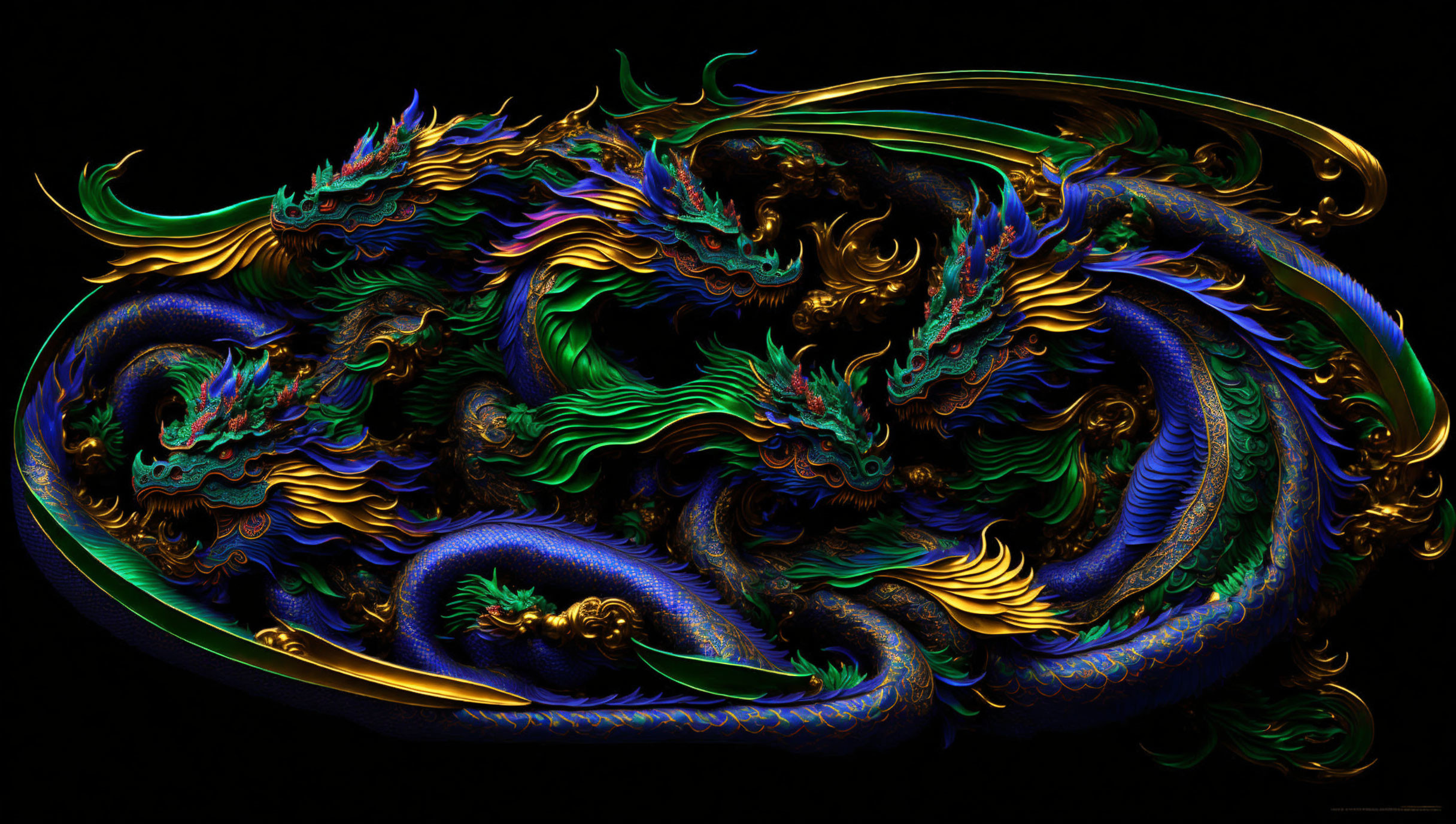 Abstract Fractal Design: Vivid Swirls in Blue, Green, and Gold on Black Background