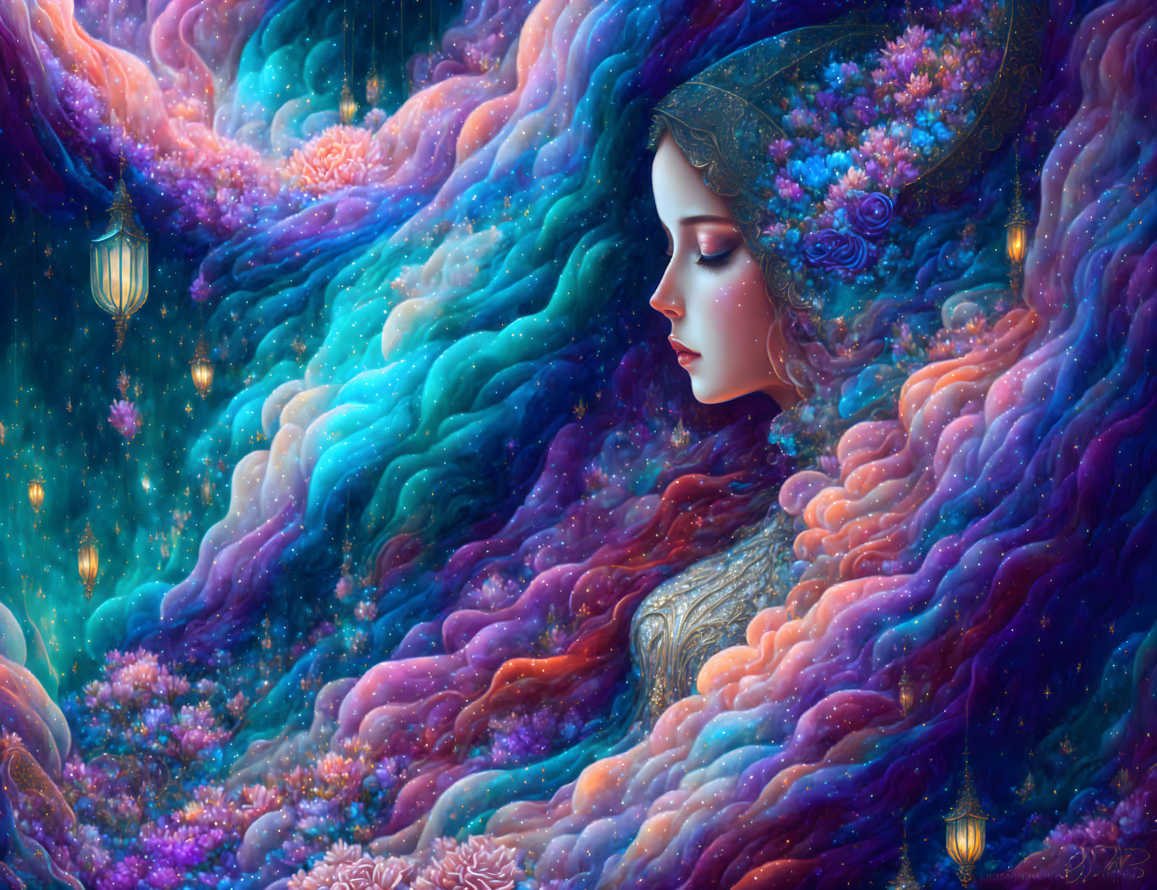 Colorful flowing hair woman with flower embellishments in starry backdrop.