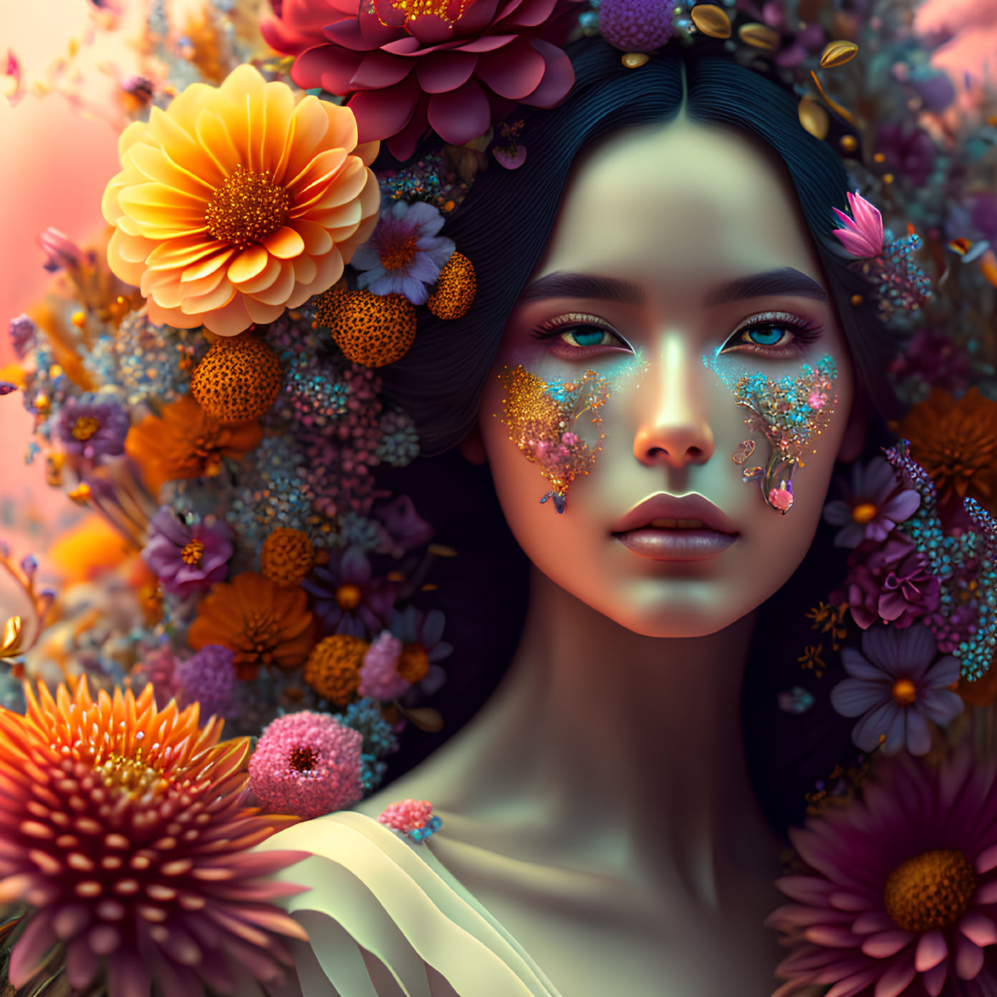 Vibrant surreal portrait of a woman with glittering cheeks and colorful floral bouquet