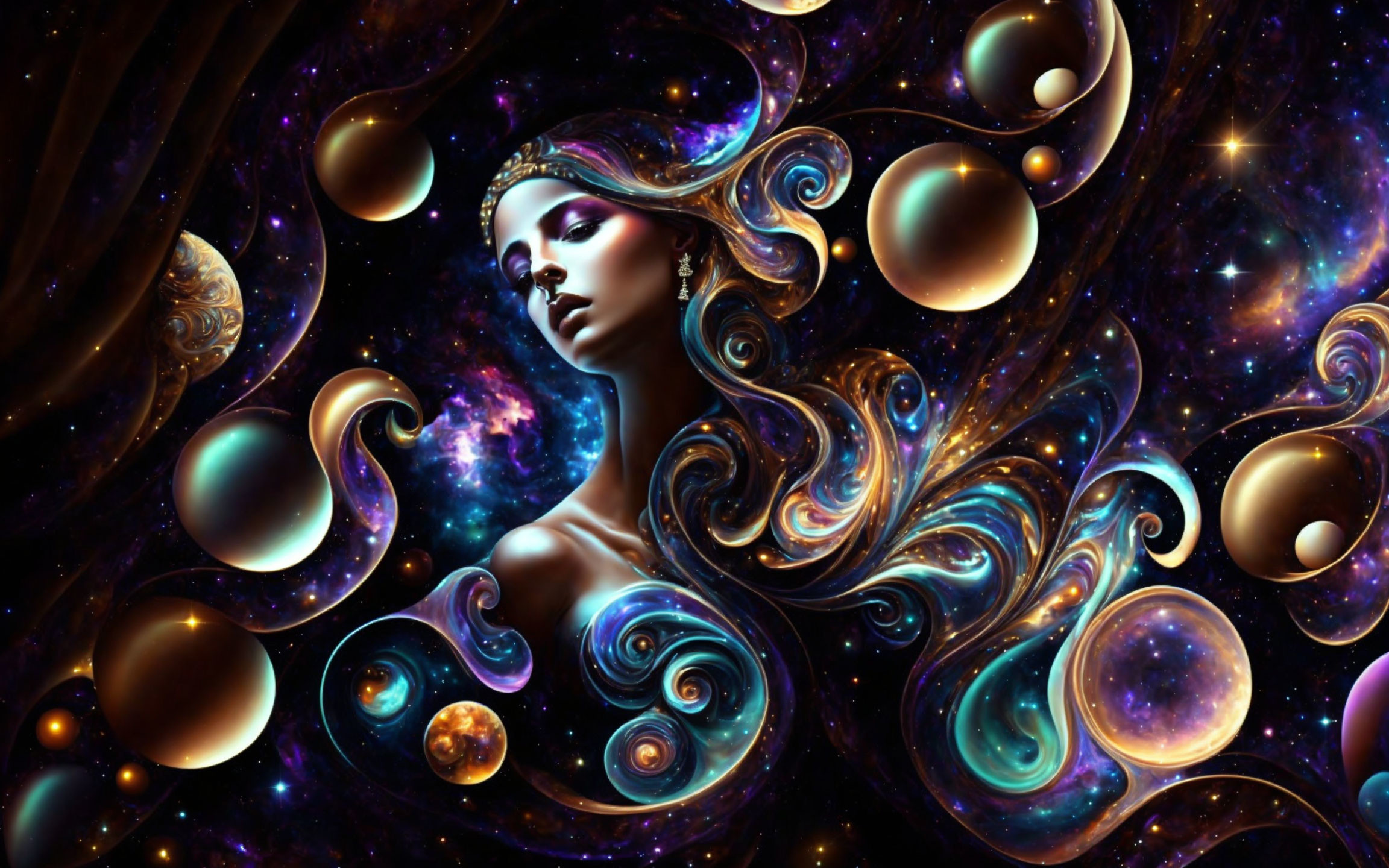 Vibrant digital art: Woman's silhouette with cosmic elements