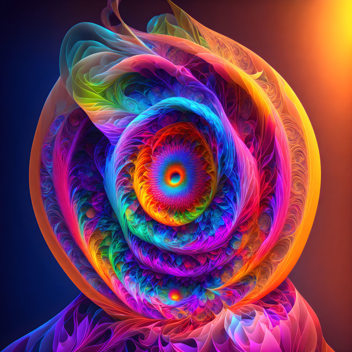 Colorful Neon Fractal Art: Swirling Rose Design on Dark Background