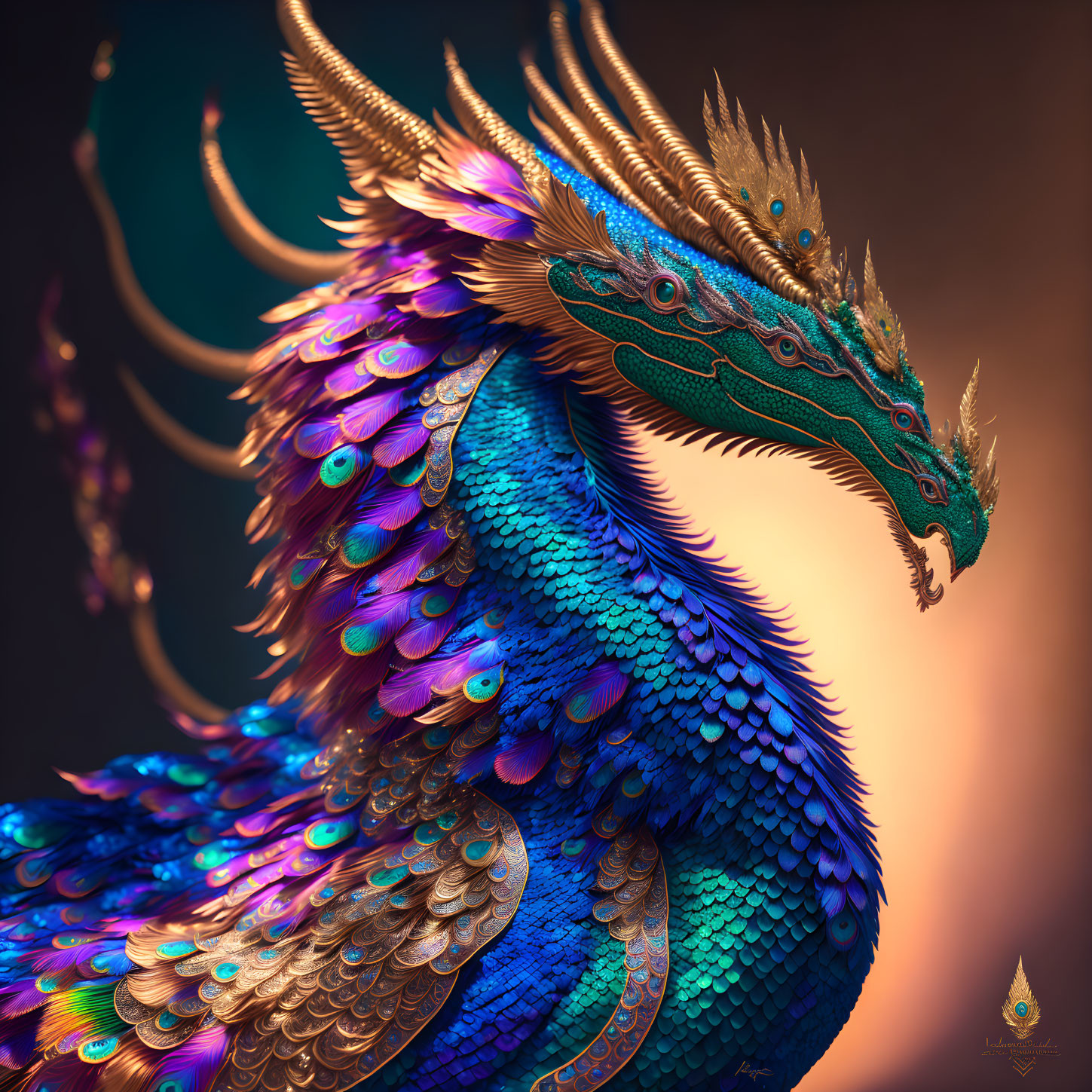 Colorful mythical peacock-dragon creature in digital art.