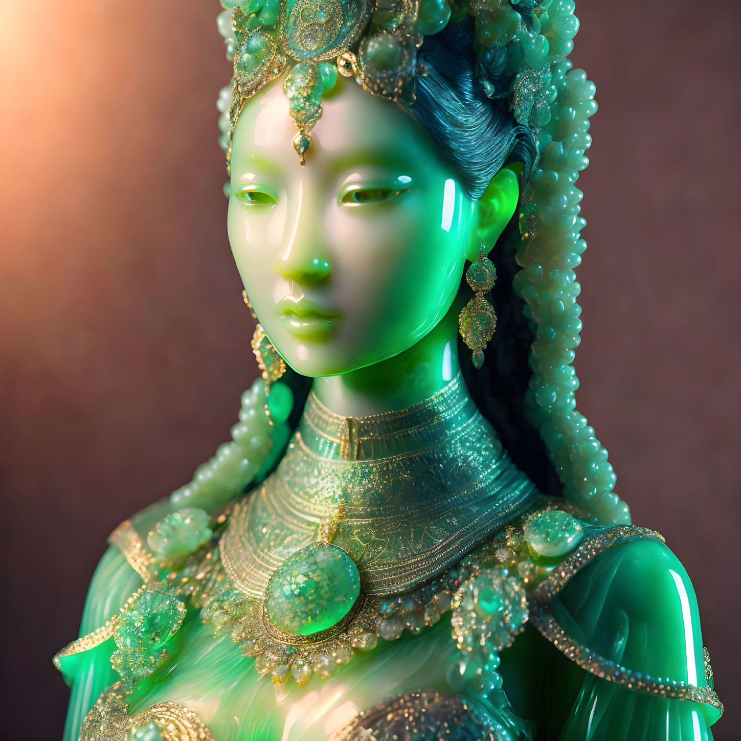 Regal jade-colored figure with gemstone-adorned attire.