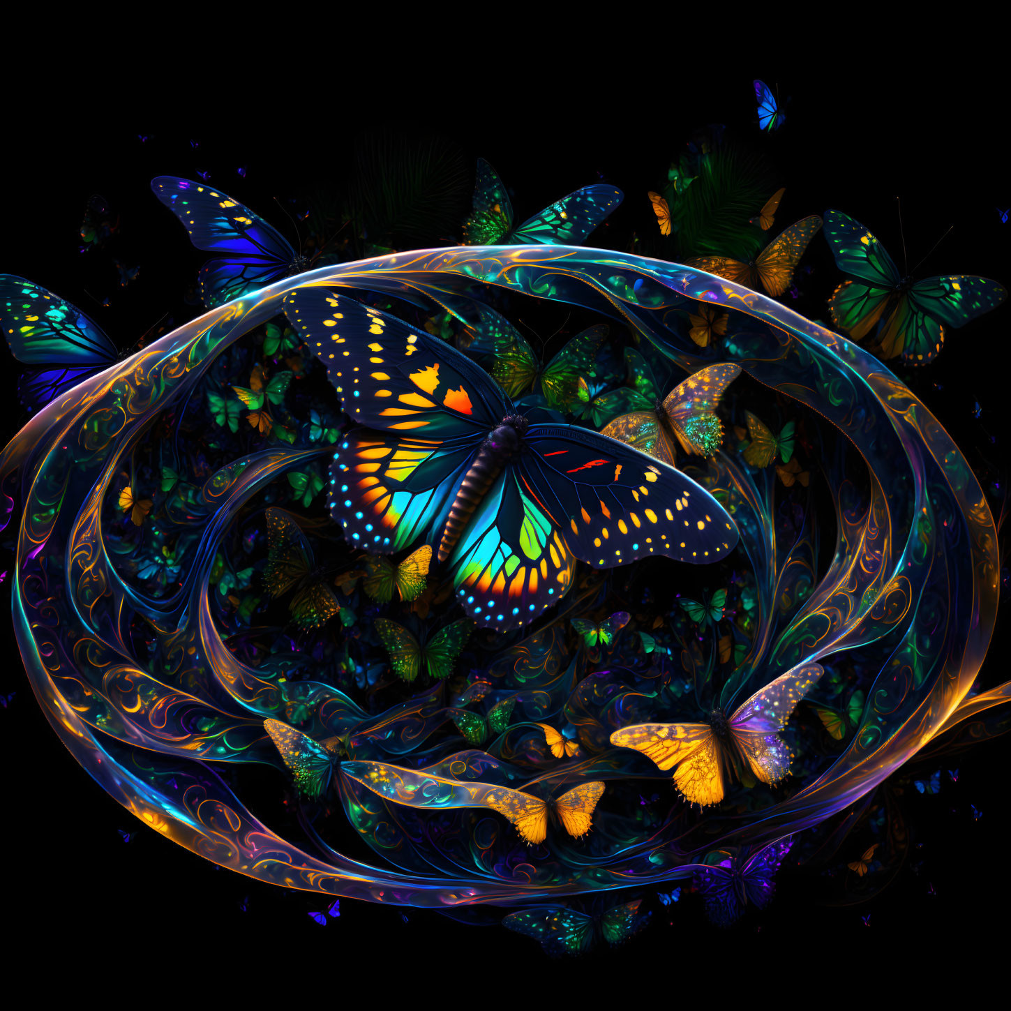 Colorful Butterfly Artwork with Luminescent Patterns on Dark Background