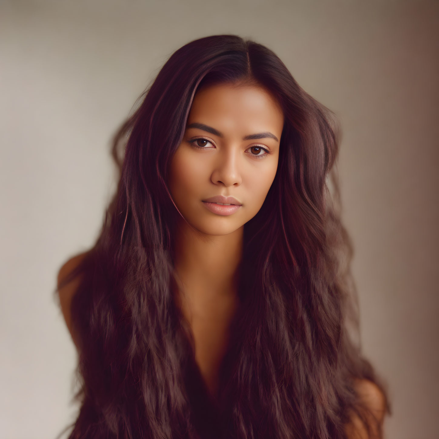 Portrait of woman with long, wavy dark hair on beige background