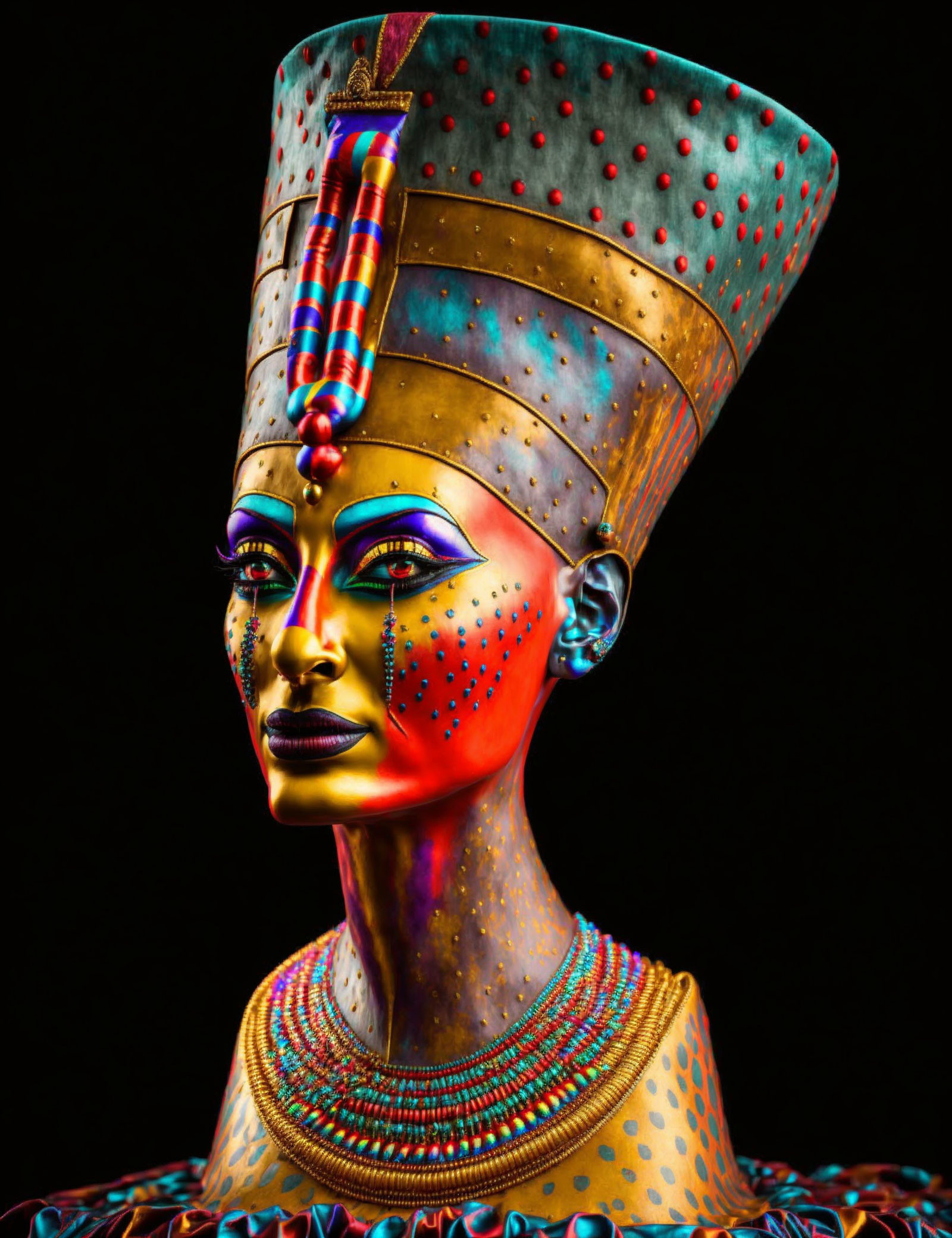 Vibrant portrait of an Egyptian queen with intricate headpiece and necklace