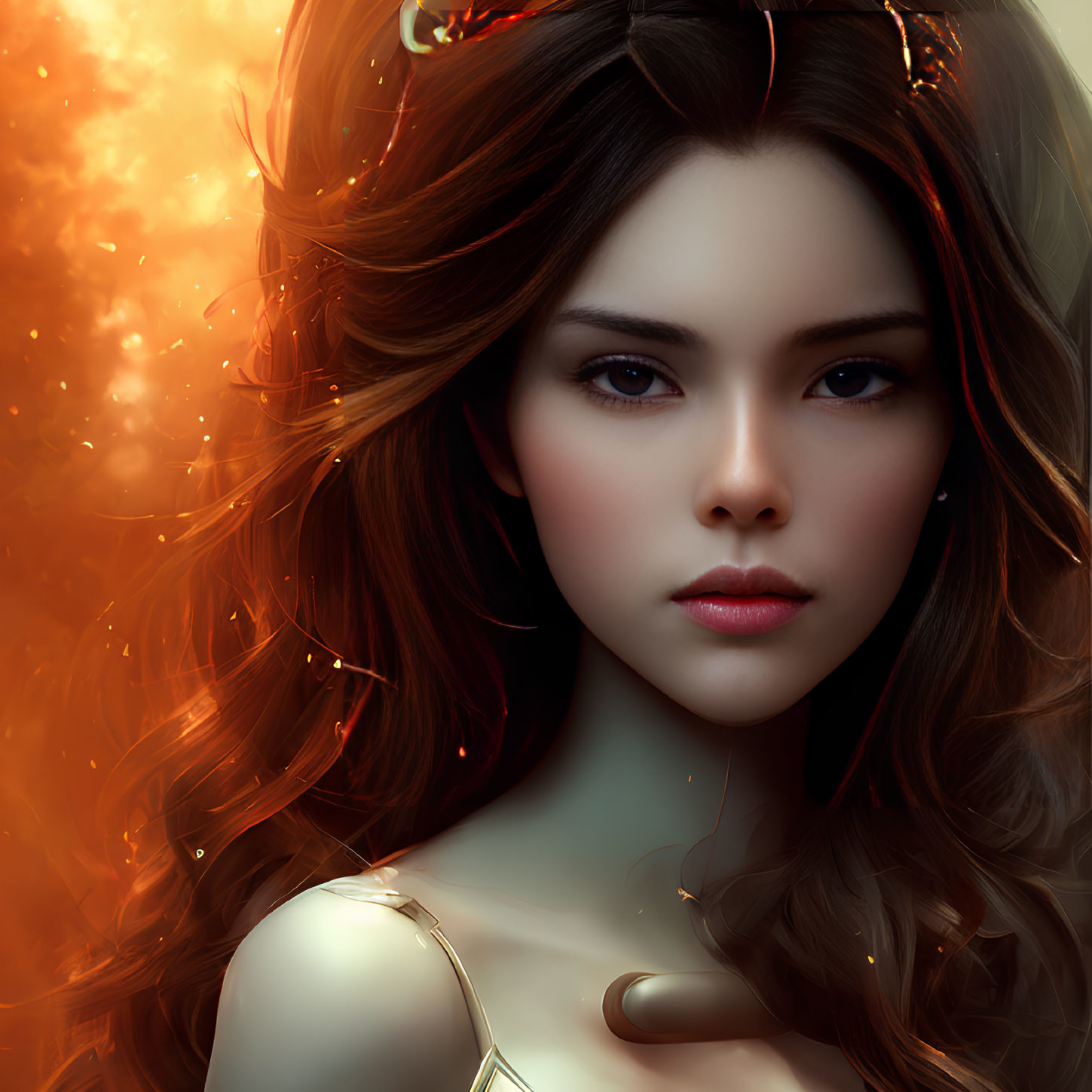 Detailed digital portrait of woman with flowing hair against fiery orange backdrop