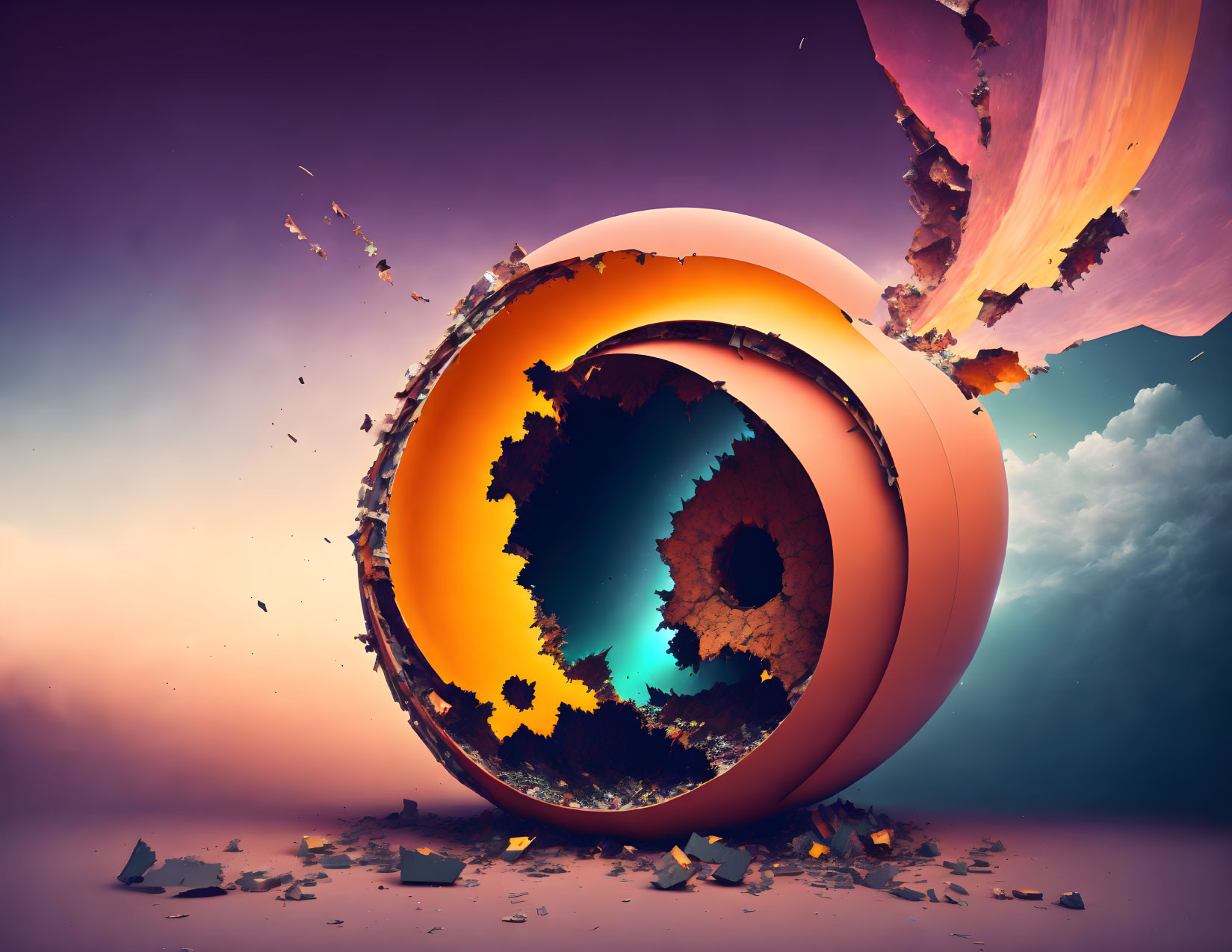 Shattered spherical object in surreal twilight landscape