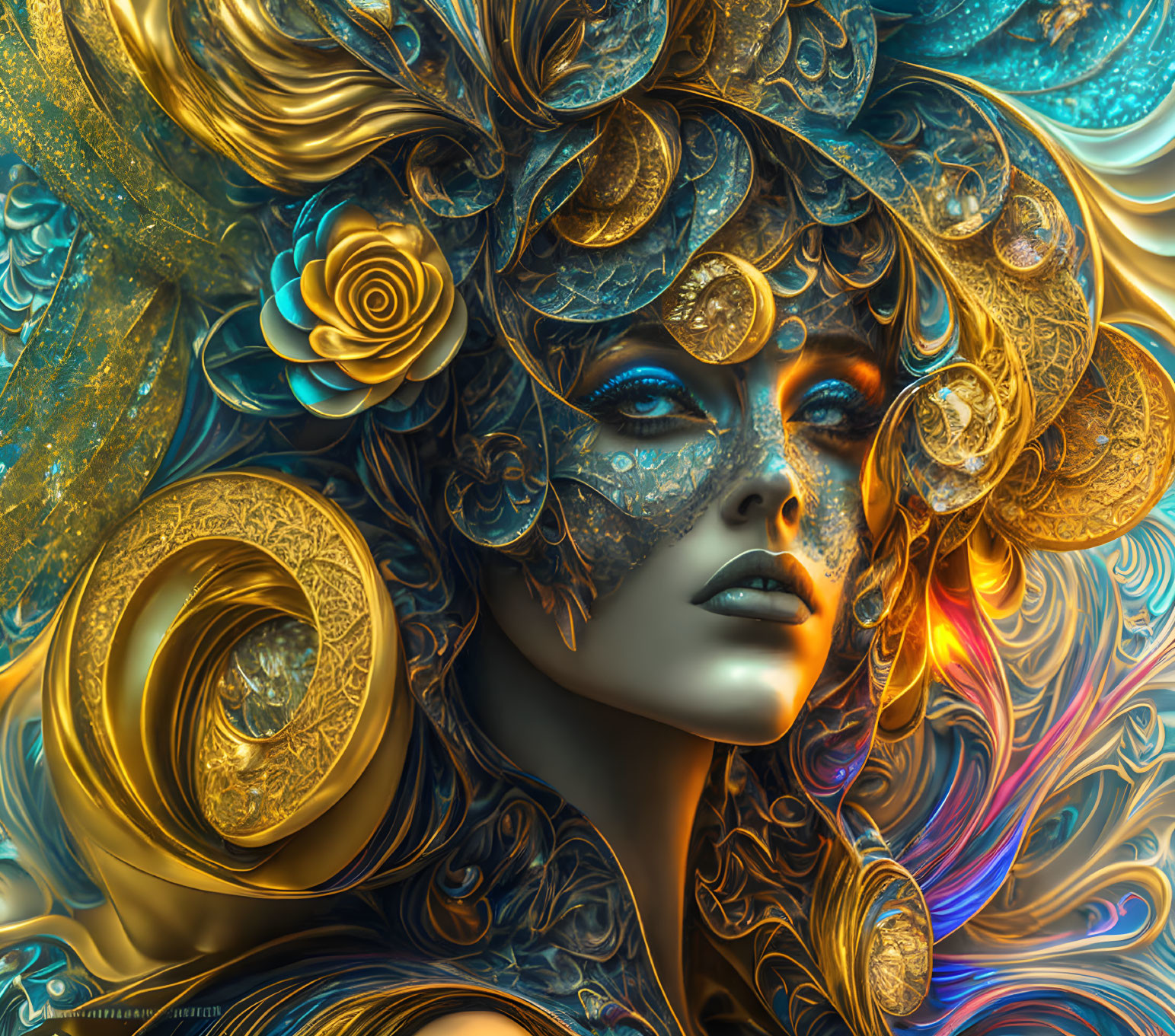 Intricate digital artwork of a woman with golden filigree headdress and tattoos