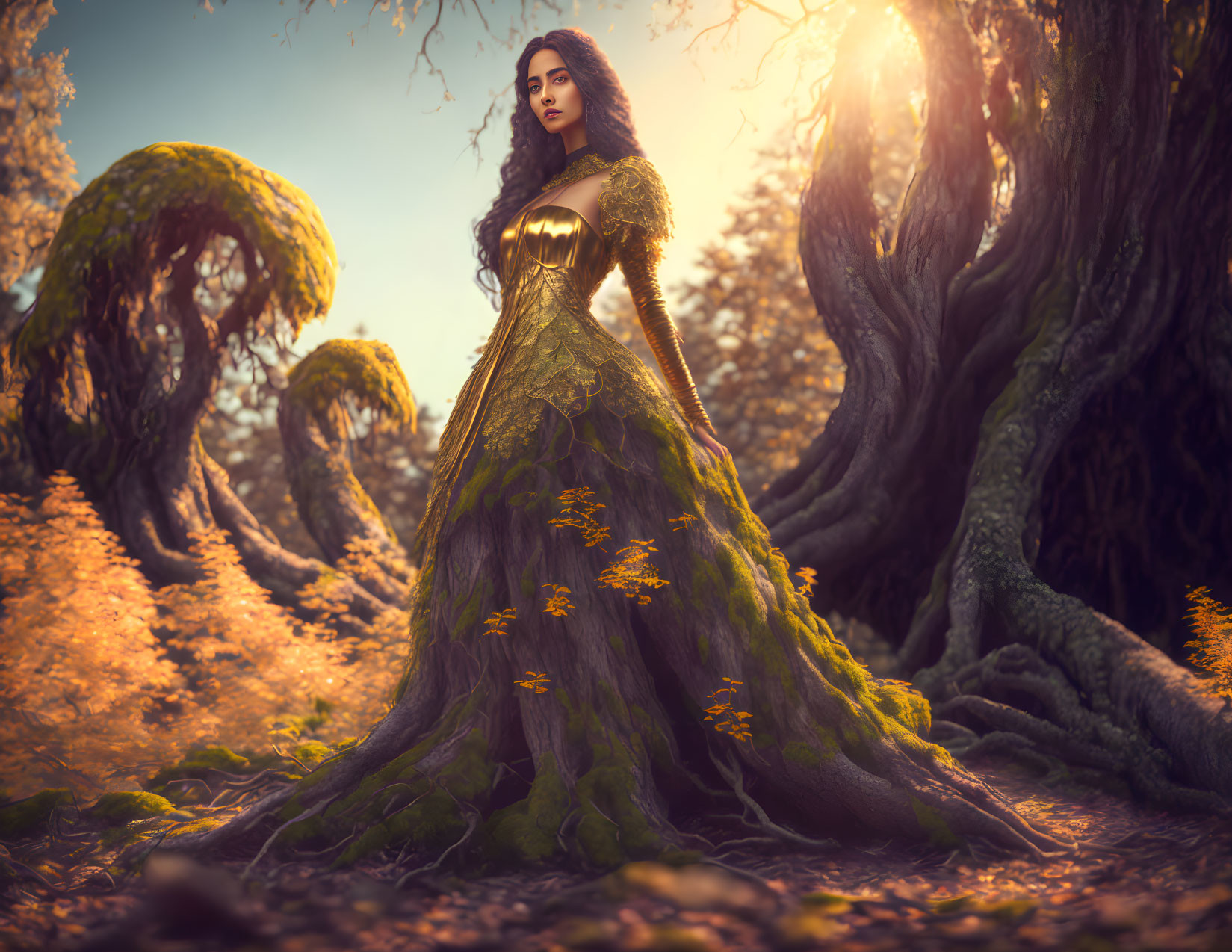 Woman in Elaborate Green Dress in Mystical Forest with Twisted Trees