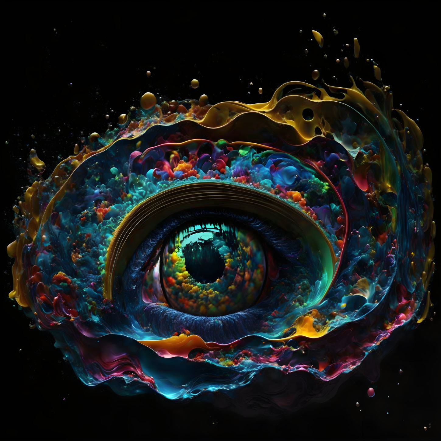 Colorful Cosmic Swirl with Hyper-Realistic Eye in Dark Background