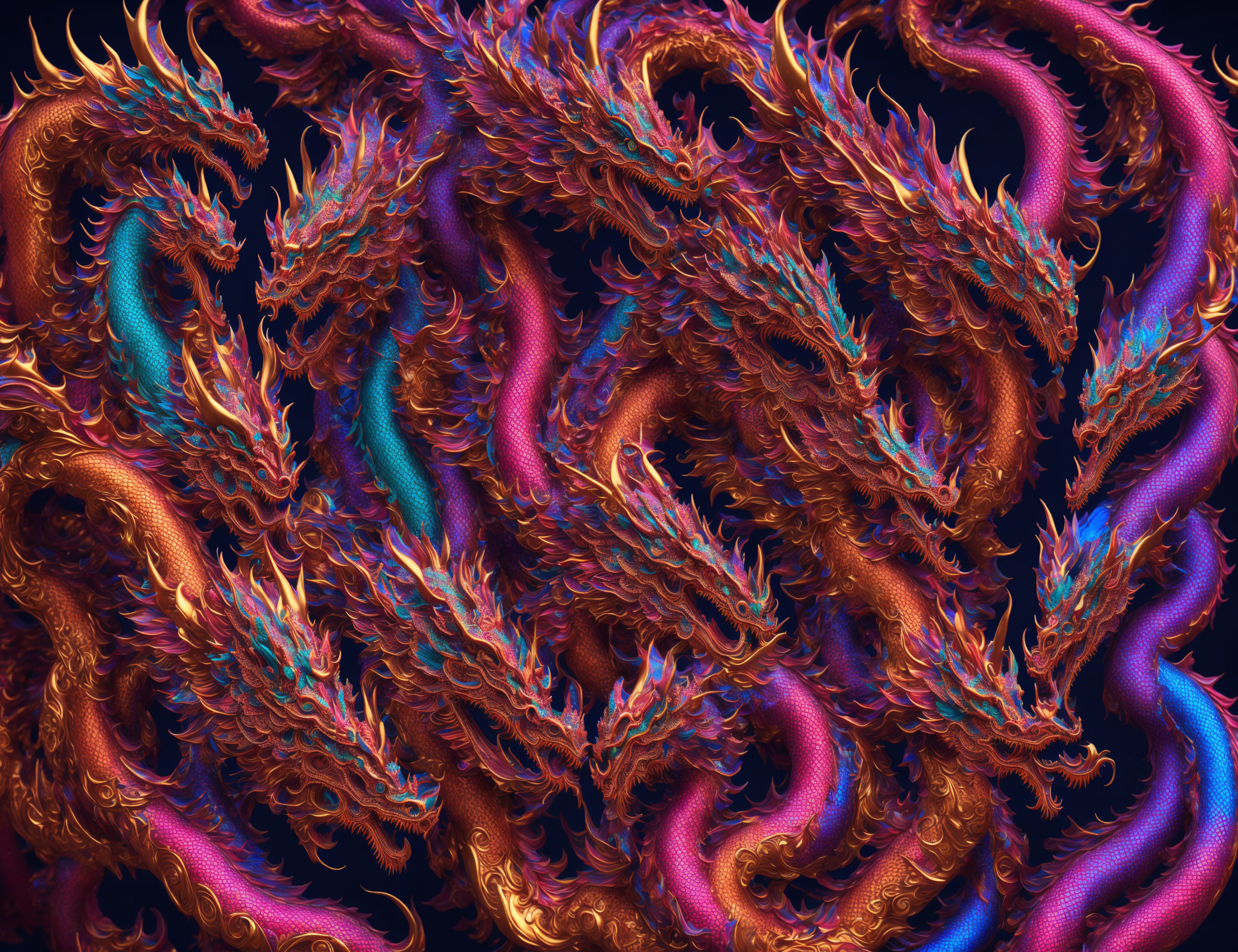 Vibrant digital artwork: Intertwining dragons in fiery orange and iridescent blue on