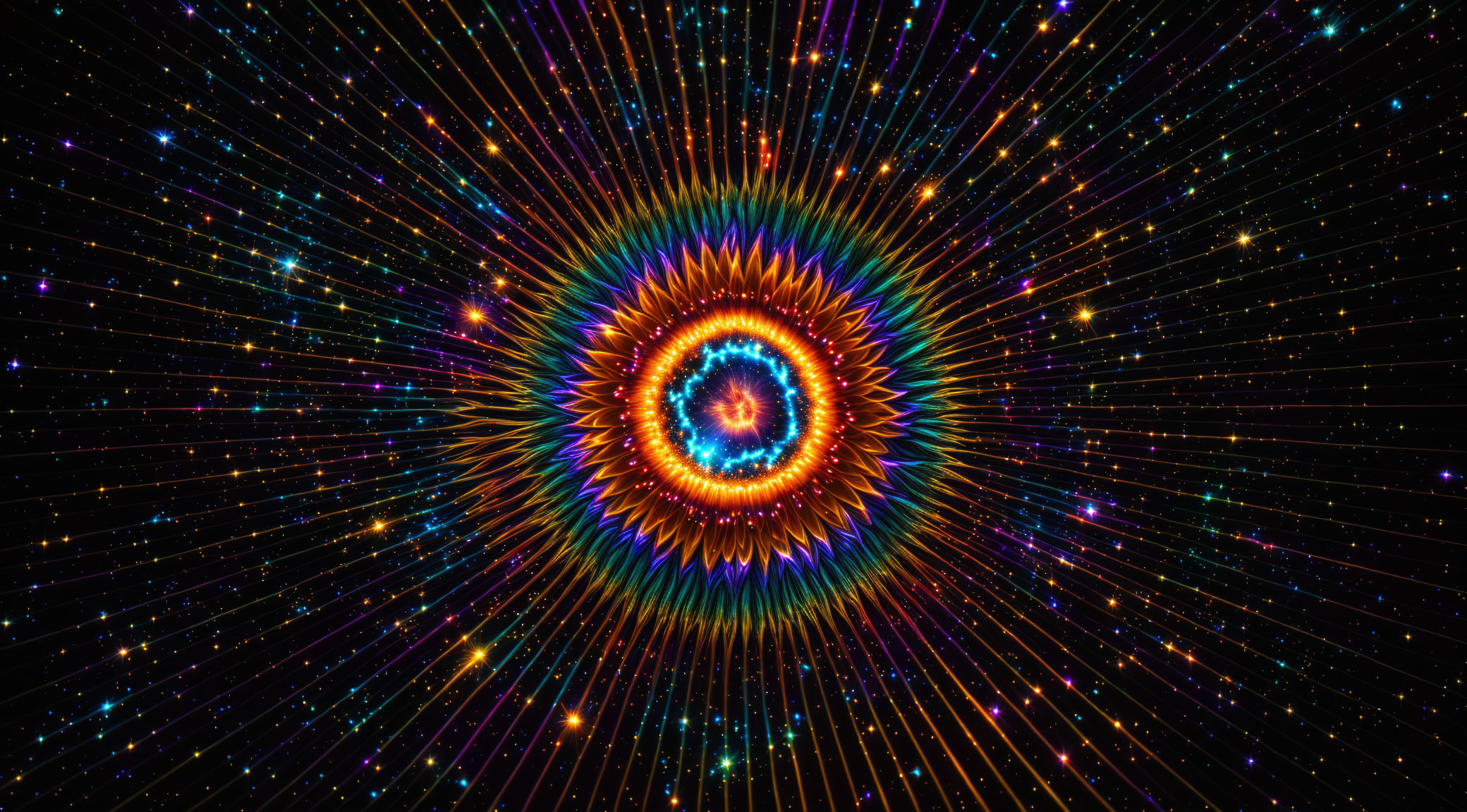 Colorful circular pattern with light streaks on starry background