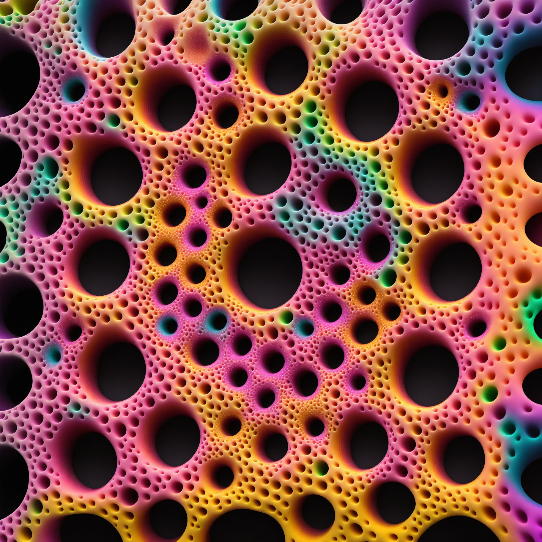 Vibrant sponge-like surface with pink, yellow, and blue gradient and round holes