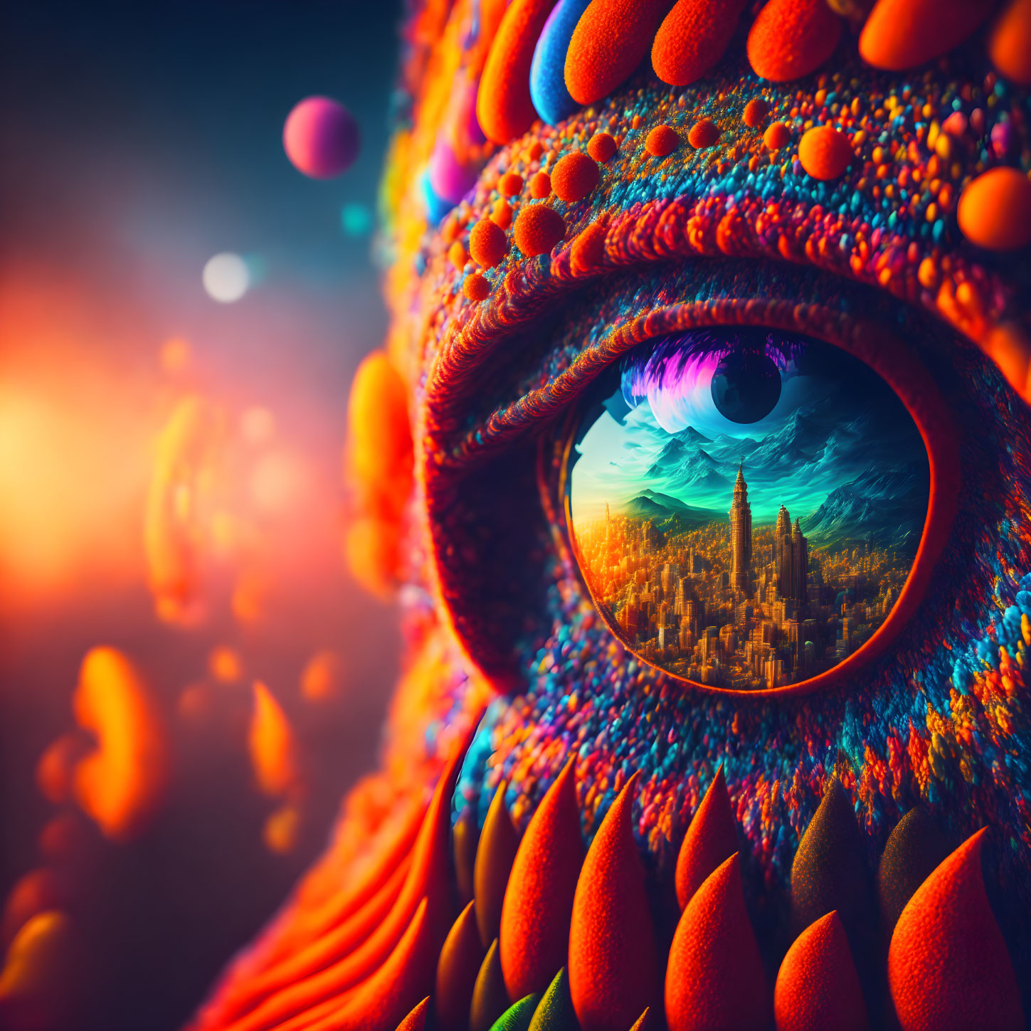 Colorful Chameleon Eye Reflecting Cityscape with Bokeh Effect