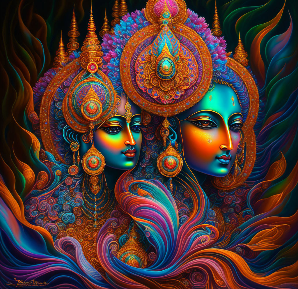 Blue-skinned figures in ornate attire surrounded by swirling colors