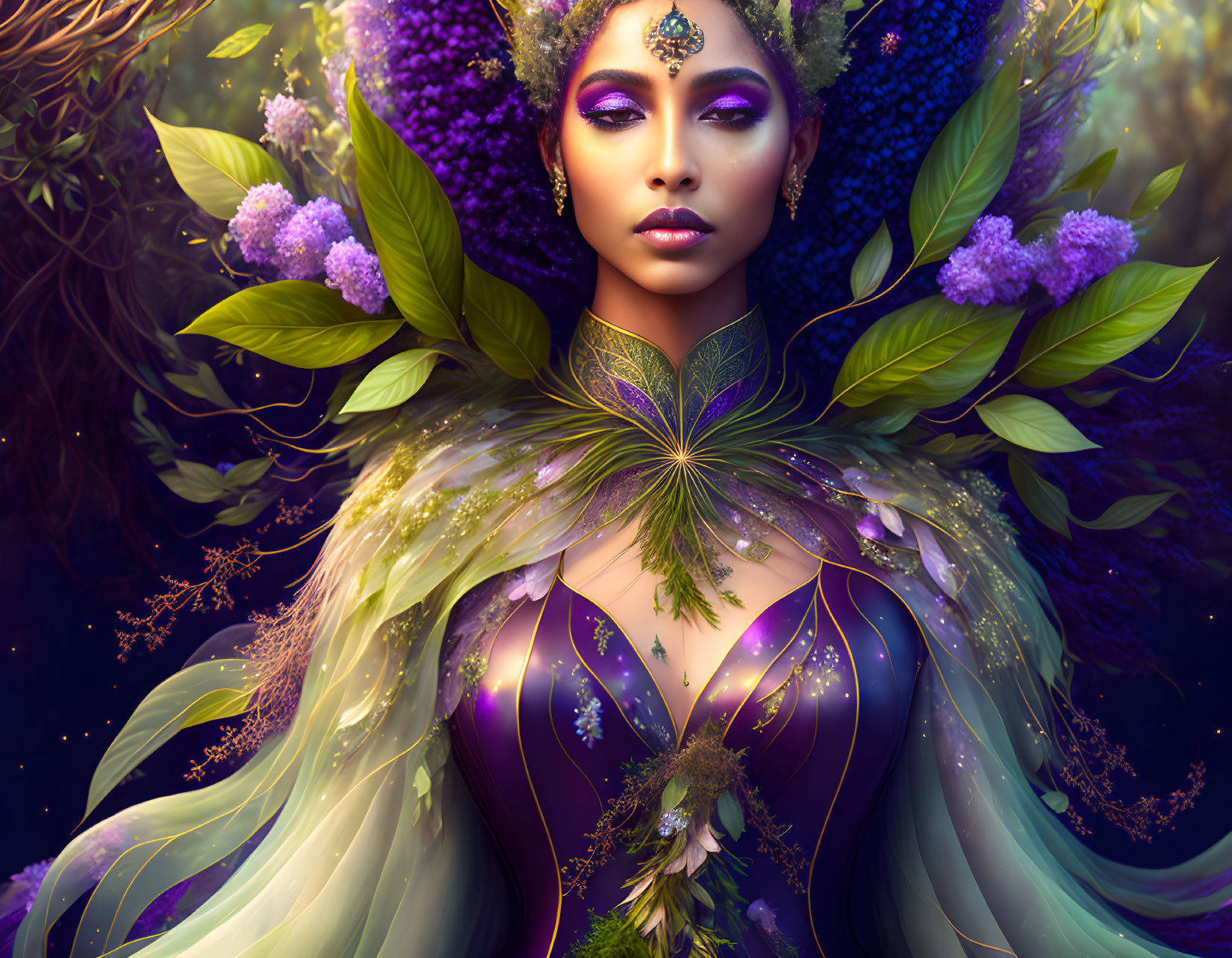 Fantasy portrait of a woman in purple and green dress with flowery adornments