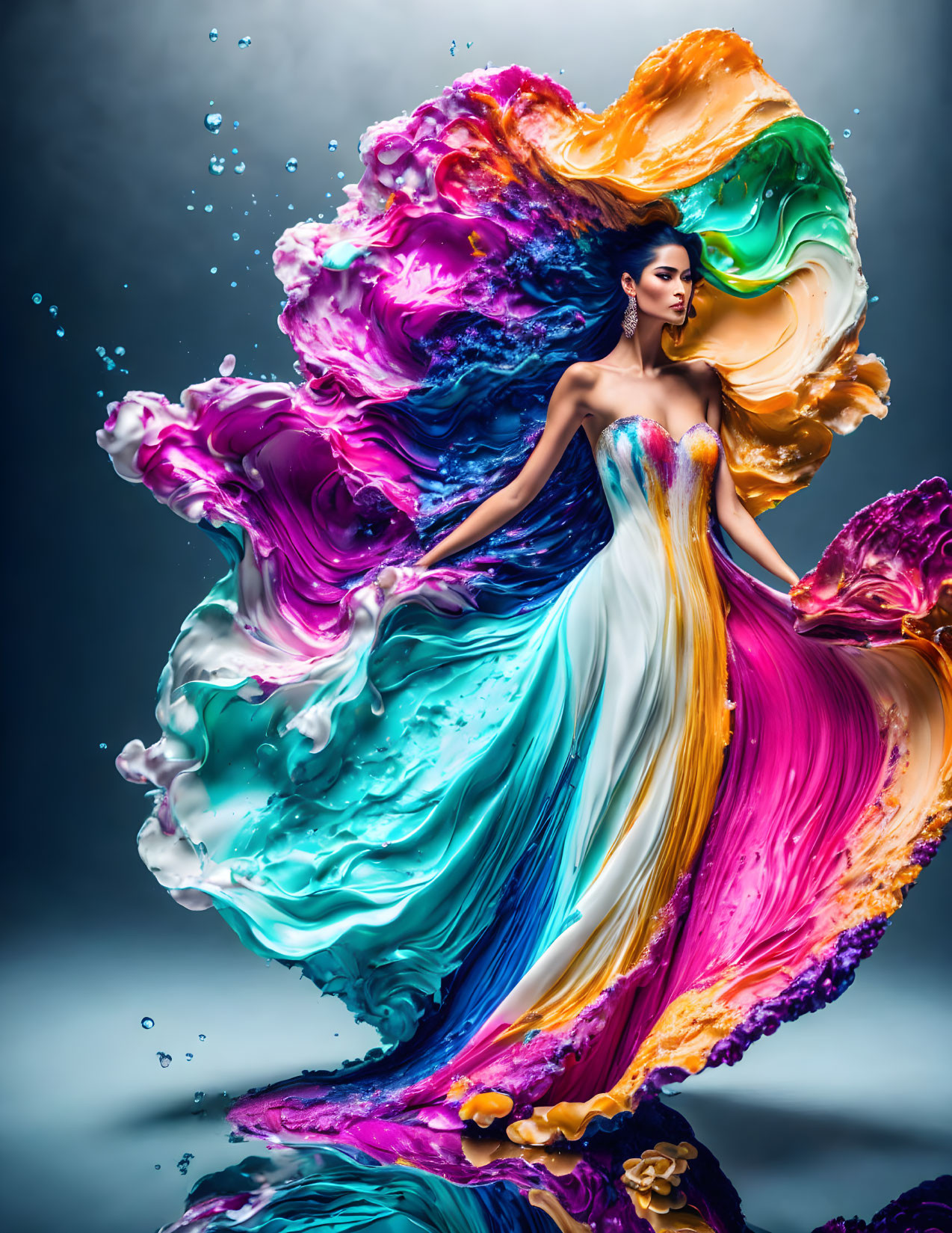 Woman in colorful flowing gown merges with multicolored paint on grey background