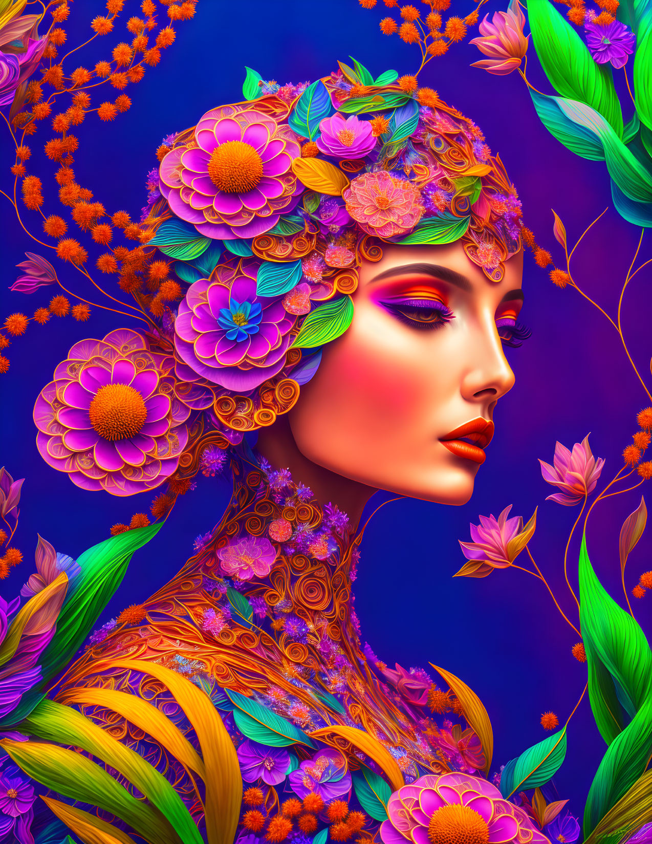 Colorful digital portrait of a woman with floral headpiece and botanical designs on face and neck.