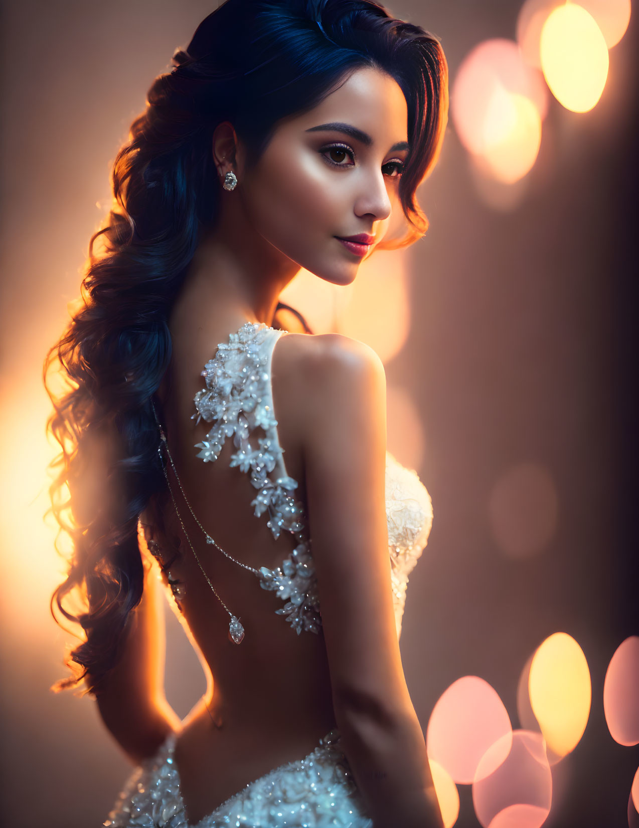 Elegant woman in white lace dress with wavy hair, warm bokeh background